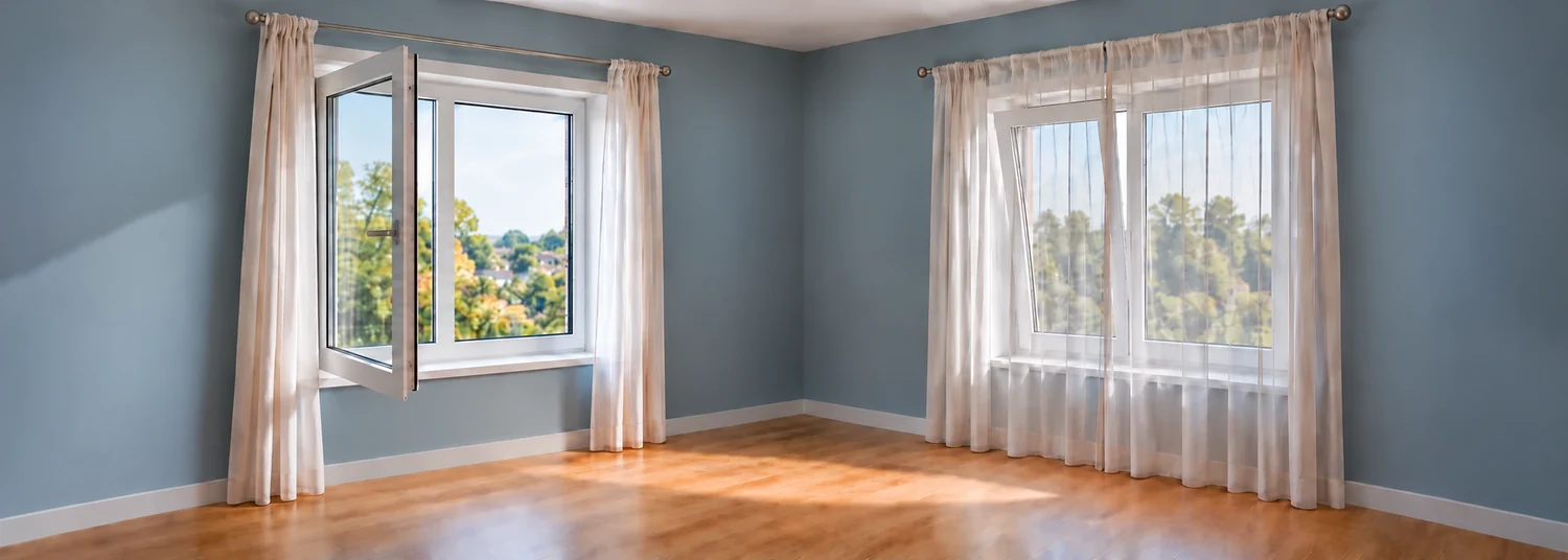 دو پنجره UPVC با یک بخش ثابت و یک لنگه بازشو؛ بازشوی جانبی با پرده کناررفته و بازشوی مورب پشت پرده حریر بسته